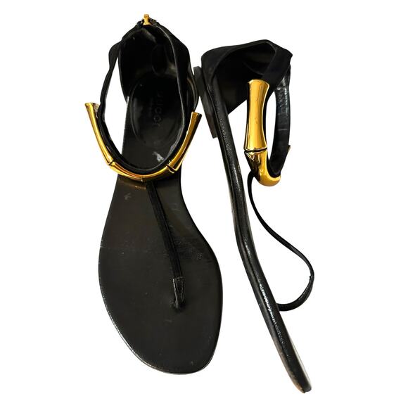 Gucci Coraline Nero Black Suede Thong T strap flats gold bamboo 2014 size 35.5 - Picture 4 of 15